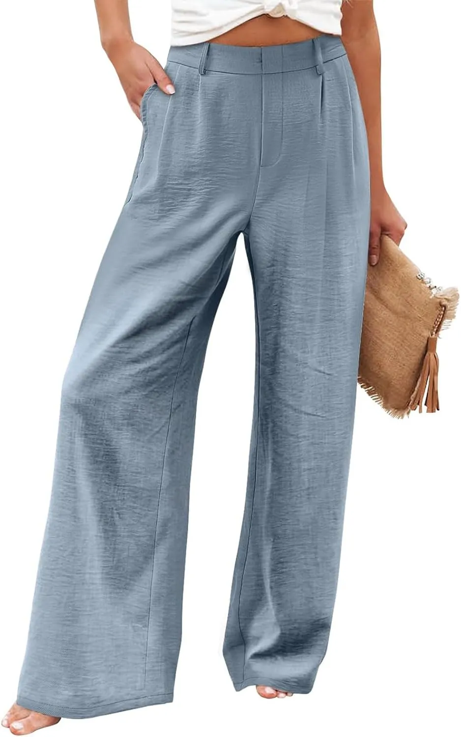 Linen Wide Leg Pants for Women high Waisted Business Casual Dress Pants Summer Palazzo Dressy Pants with Pockets