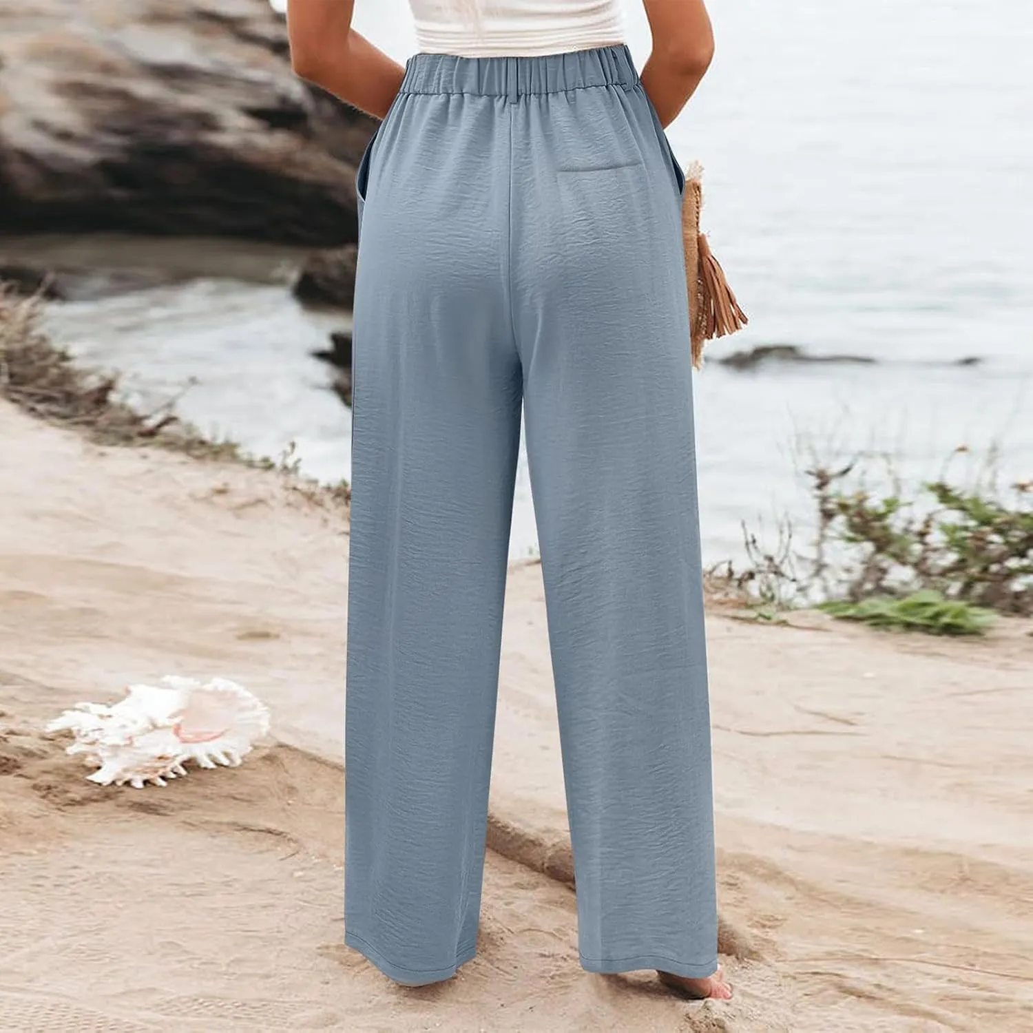 Linen Wide Leg Pants for Women high Waisted Business Casual Dress Pants Summer Palazzo Dressy Pants with Pockets