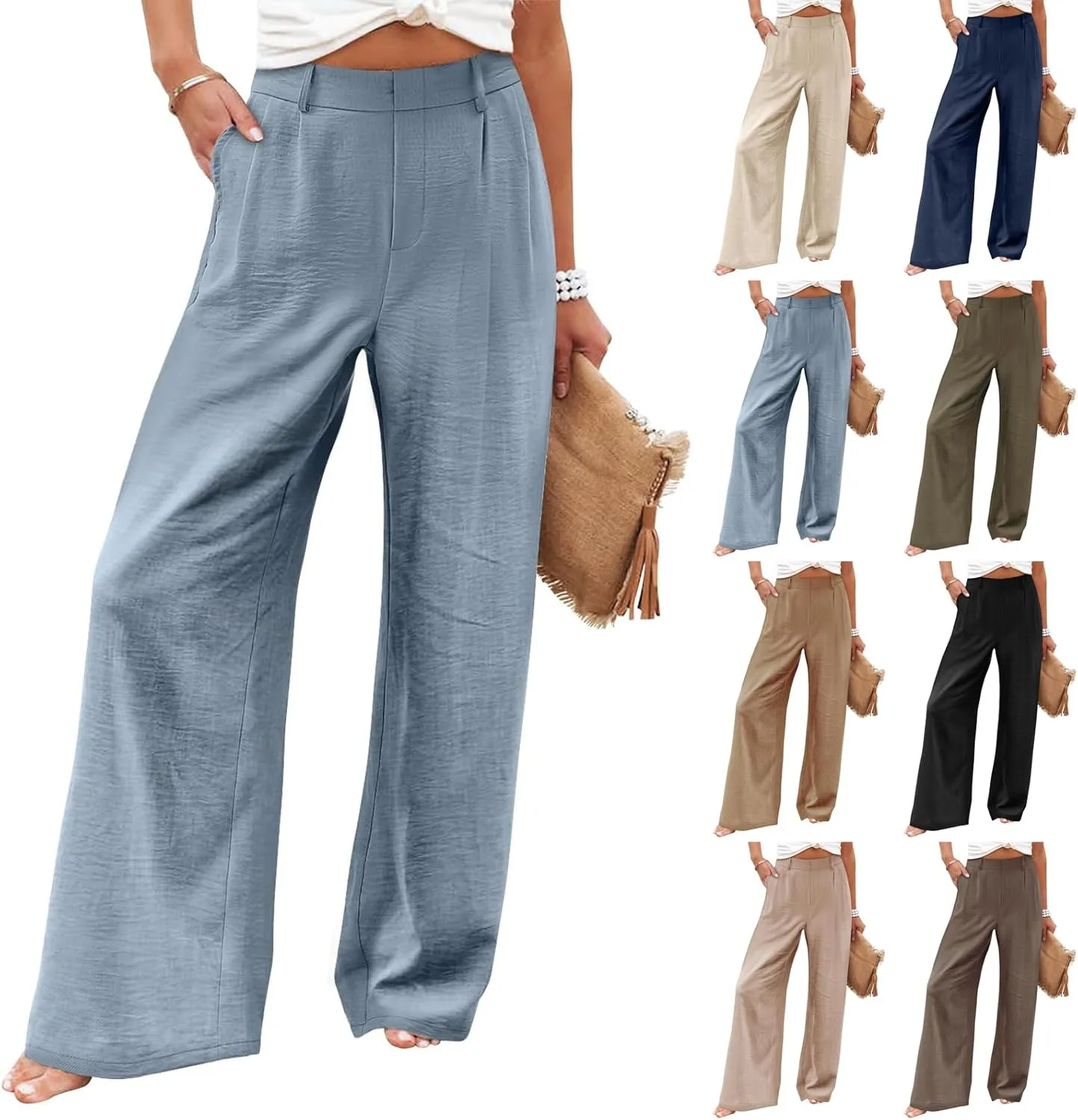 Linen Wide Leg Pants for Women high Waisted Business Casual Dress Pants Summer Palazzo Dressy Pants with Pockets