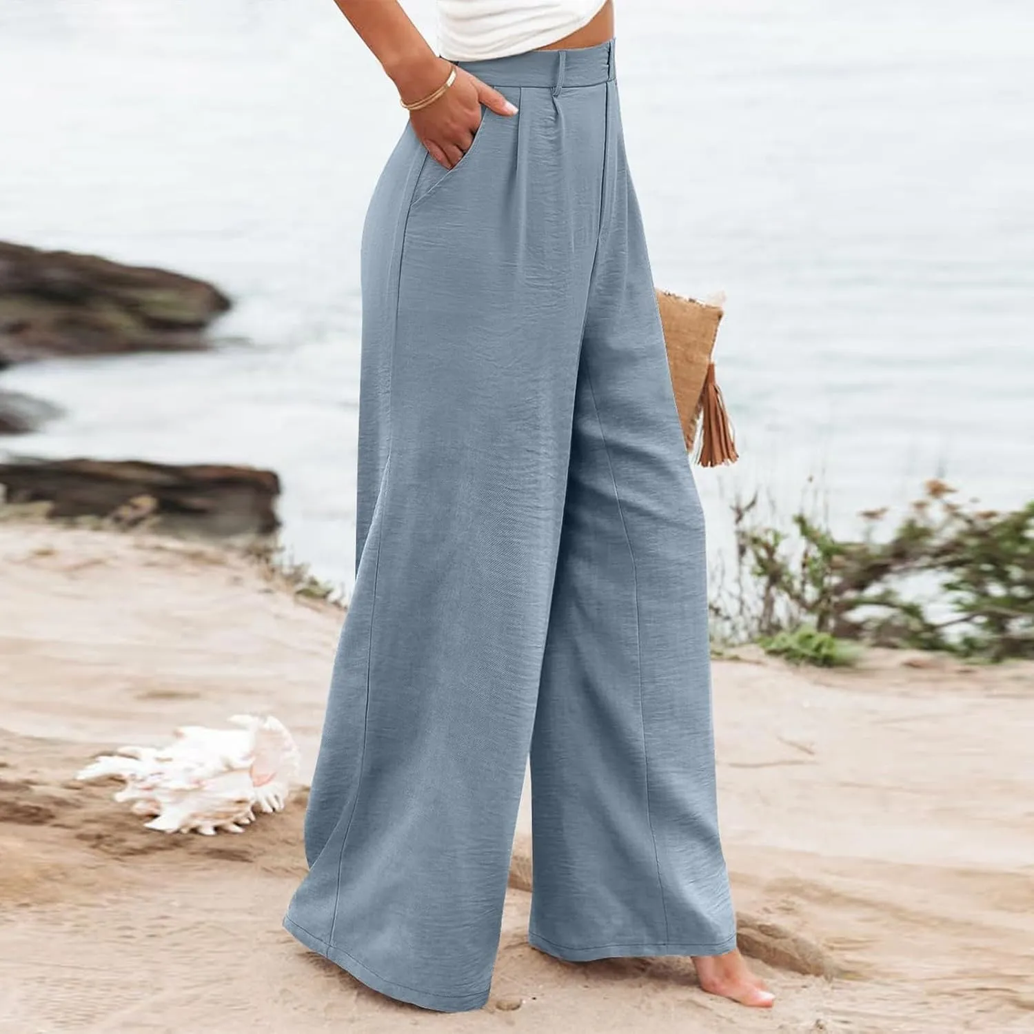 Linen Wide Leg Pants for Women high Waisted Business Casual Dress Pants Summer Palazzo Dressy Pants with Pockets