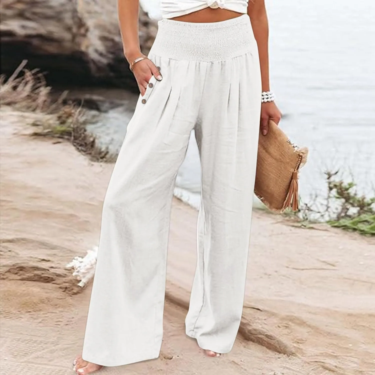 Linen Wide Leg Pants Women Smocked Waist Wide Leg Palazzo Pant Button Pockets Summer Beach Trendy Baggy Casual Slacks