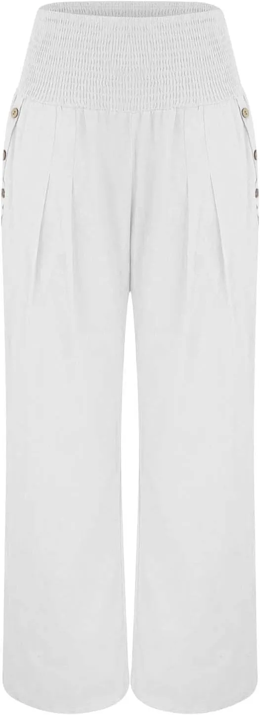 Linen Wide Leg Pants Women Smocked Waist Wide Leg Palazzo Pant Button Pockets Summer Beach Trendy Baggy Casual Slacks