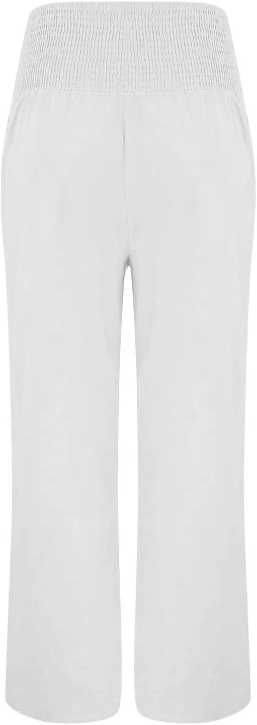 Linen Wide Leg Pants Women Smocked Waist Wide Leg Palazzo Pant Button Pockets Summer Beach Trendy Baggy Casual Slacks