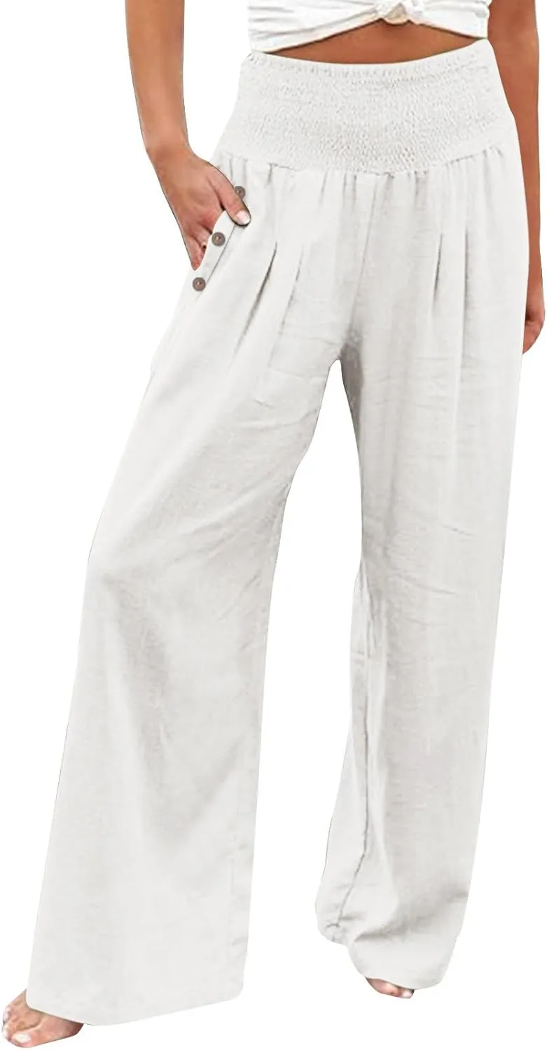 Linen Wide Leg Pants Women Smocked Waist Wide Leg Palazzo Pant Button Pockets Summer Beach Trendy Baggy Casual Slacks