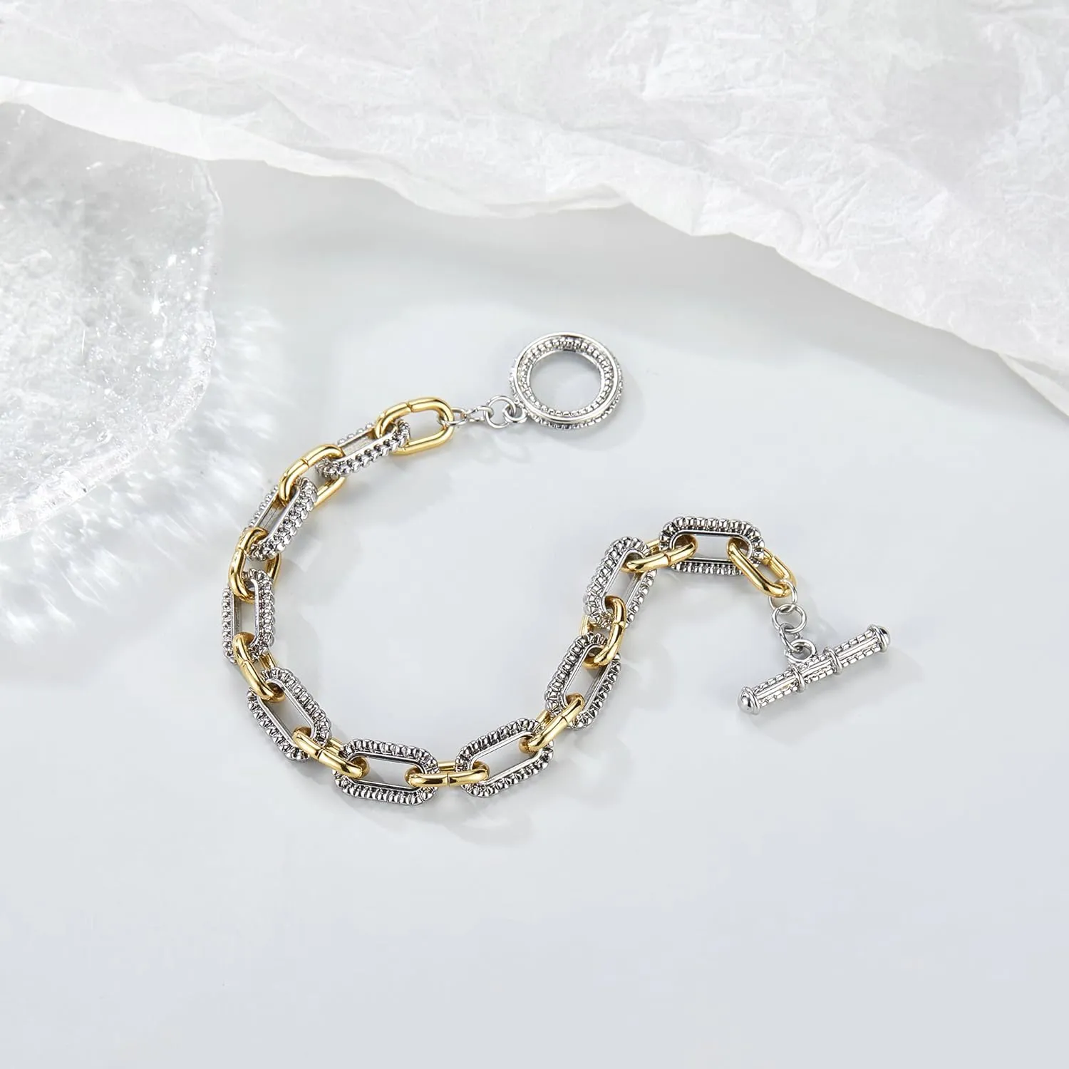 Link Bracelet for Women Gold and Silver 2 tone Circles Chain Wire Bangle Designer Inspired Bracelets
