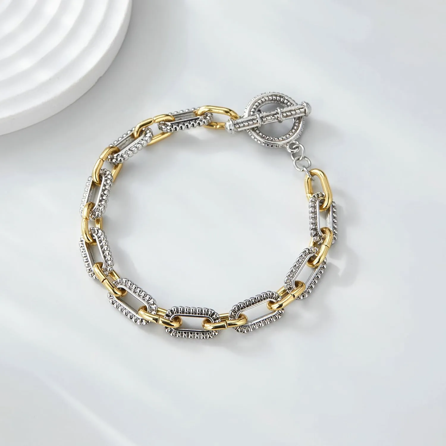 Link Bracelet for Women Gold and Silver 2 tone Circles Chain Wire Bangle Designer Inspired Bracelets