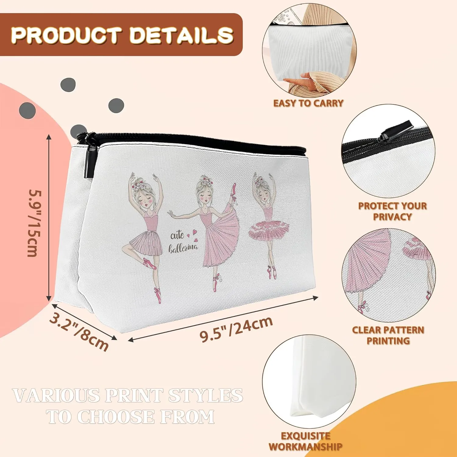 Little Ballerinas Girl Cosmetic Bags Makeup Bags Toiletry Bag Large Capacity Organizer Pouch with Zipper Travel Accessories for Women Girls