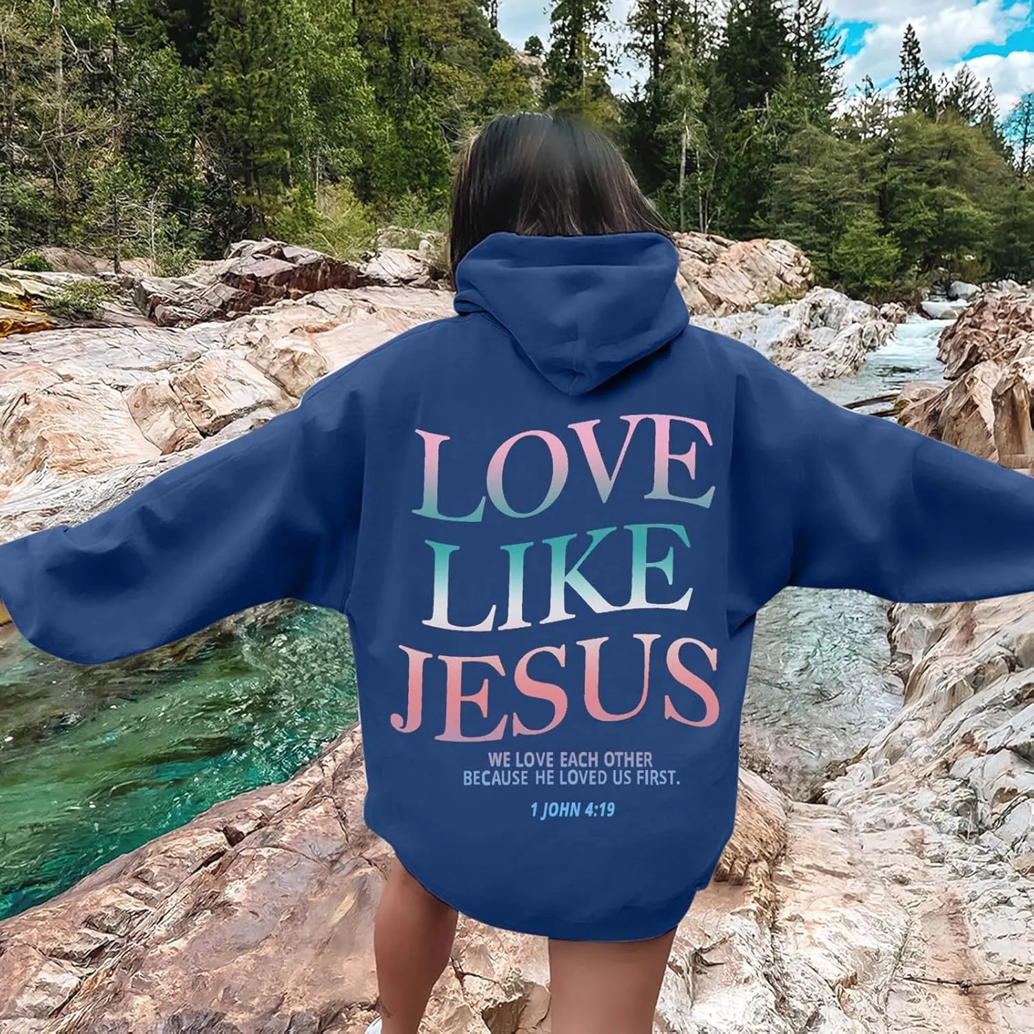 Love Like Jesus Graphic Christian Hoodies for Women Girls Bible Verse Oversized Long Sleeve Pocket Y2K Sweatshirt