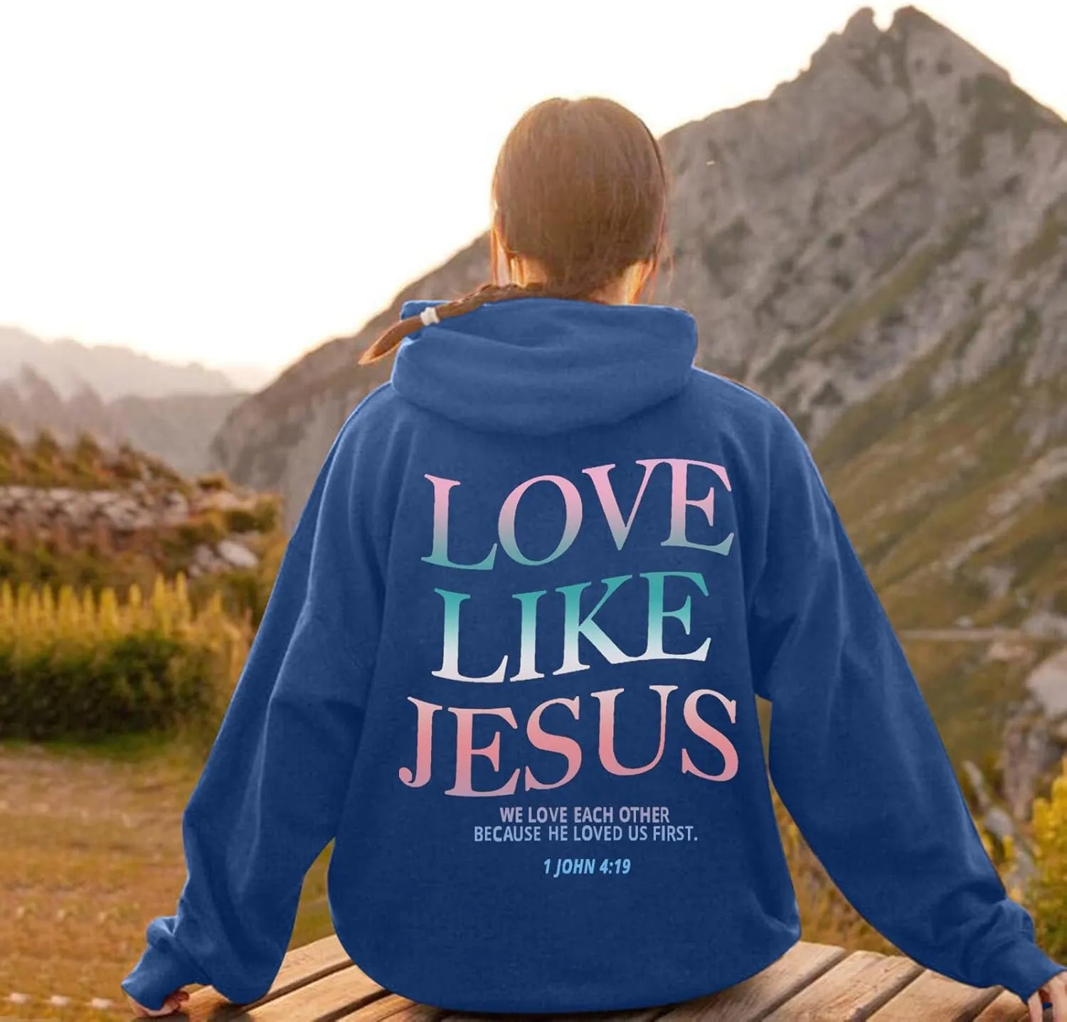 Love Like Jesus Graphic Christian Hoodies for Women Girls Bible Verse Oversized Long Sleeve Pocket Y2K Sweatshirt