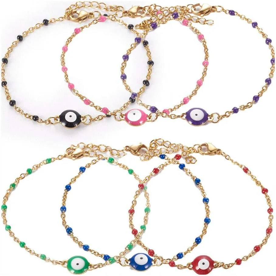 LZD Stainless Steel Enamel Chain Bracelet Lobster Evil Eye Gold Adjustable 2mm A110