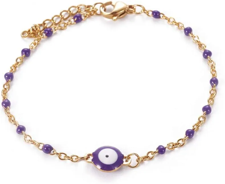 LZD Stainless Steel Enamel Chain Bracelet Lobster Evil Eye Gold Adjustable 2mm A110