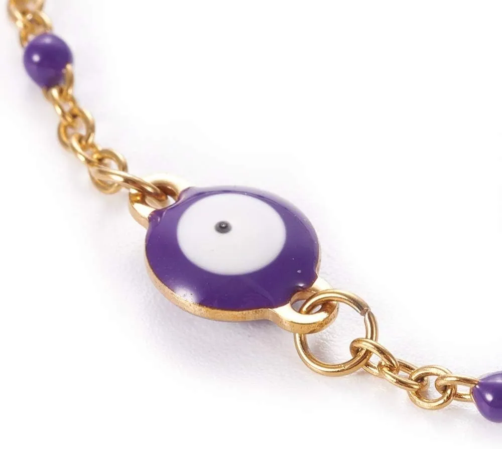 LZD Stainless Steel Enamel Chain Bracelet Lobster Evil Eye Gold Adjustable 2mm A110
