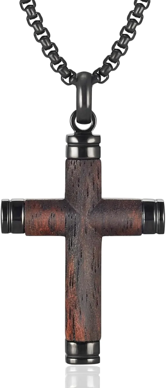MagVIVACE Wooden Christian Cross Necklace for Men  Real Ebony & Black Stainless Steel Crucifix Pendant