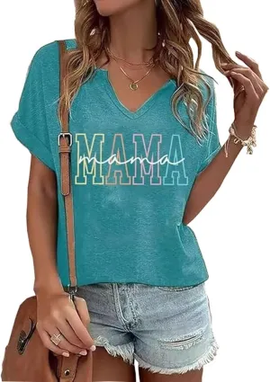 Mama Shirts for Women Floral Mama Letter Printed Mother's Day Shirt Mom Boho Graphic Summer Casual Tee Tops