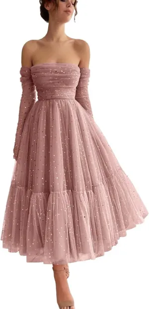 Maxianever Sparkly Starry Tulle Prom Dresses with Gloves Womens Tea Length Formal Evening Gowns for Teens