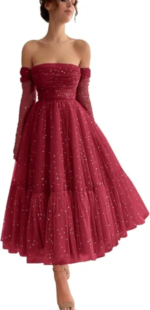 Maxianever Sparkly Starry Tulle Prom Dresses with Gloves Womens Tea Length Formal Evening Gowns for Teens