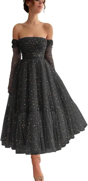 Maxianever Sparkly Starry Tulle Prom Dresses with Gloves Womens Tea Length Formal Evening Gowns for Teens