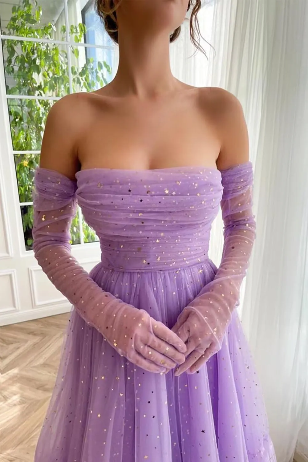 Maxianever Sparkly Starry Tulle Prom Dresses with Gloves Womens Tea Length Formal Evening Gowns for Teens