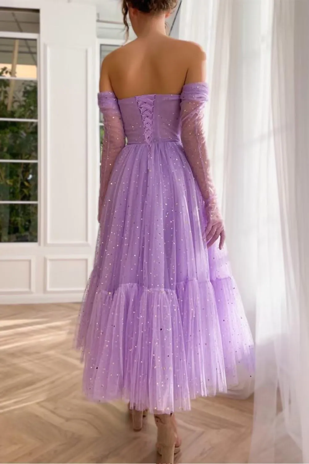 Maxianever Sparkly Starry Tulle Prom Dresses with Gloves Womens Tea Length Formal Evening Gowns for Teens