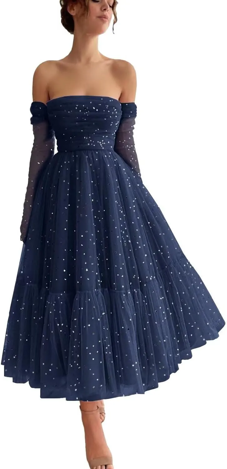 Maxianever Sparkly Starry Tulle Prom Dresses with Gloves Womens Tea Length Formal Evening Gowns for Teens