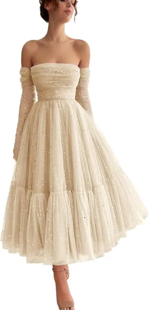 Maxianever Sparkly Starry Tulle Prom Dresses with Gloves Womens Tea Length Formal Evening Gowns for Teens