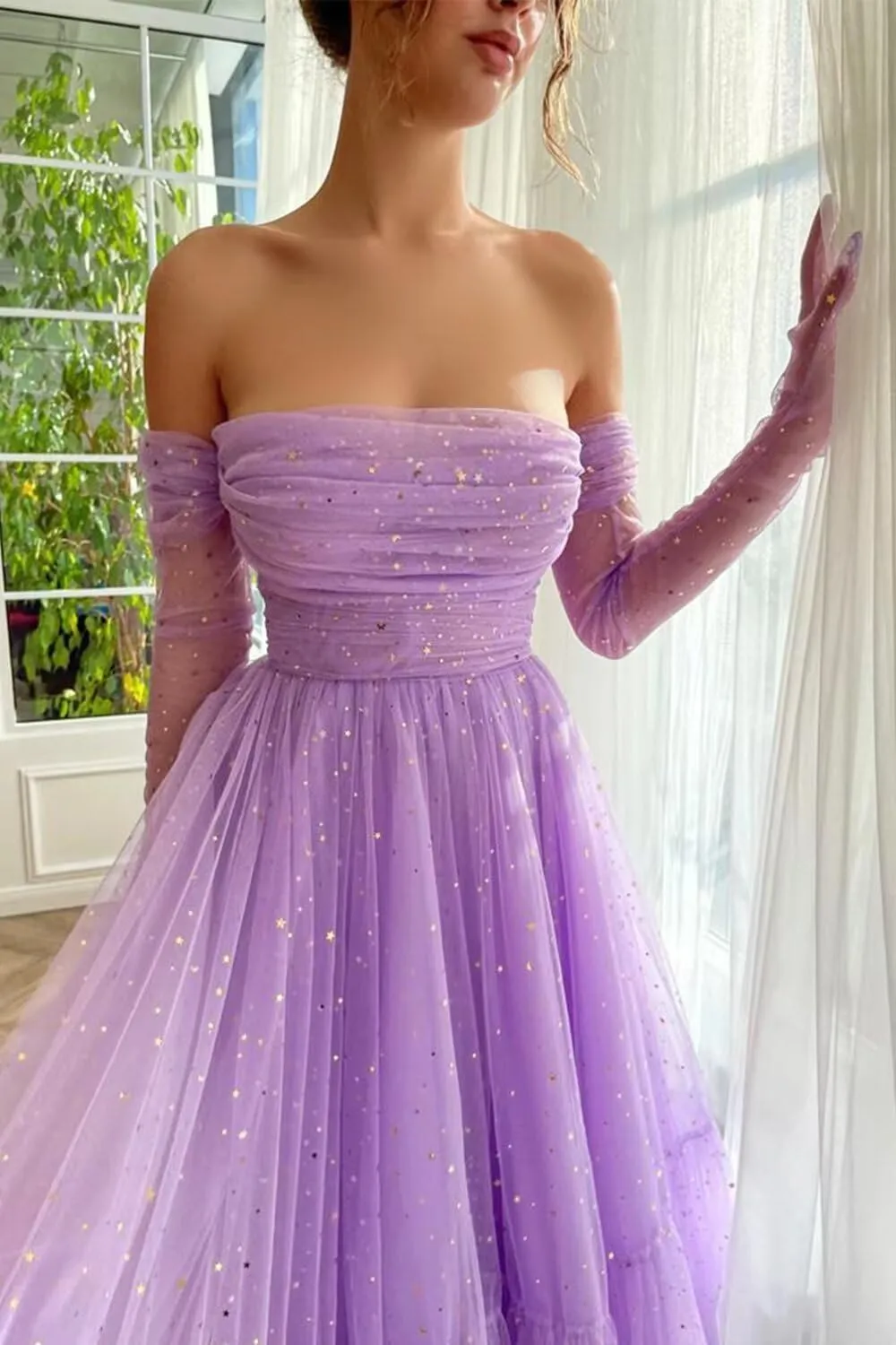 Maxianever Sparkly Starry Tulle Prom Dresses with Gloves Womens Tea Length Formal Evening Gowns for Teens