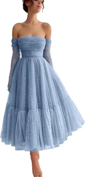 Maxianever Sparkly Starry Tulle Prom Dresses with Gloves Womens Tea Length Formal Evening Gowns for Teens