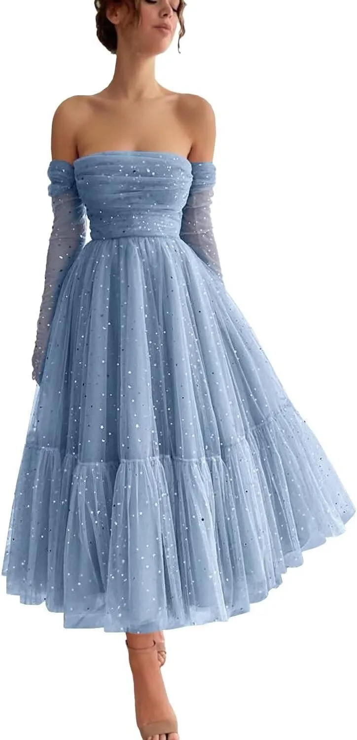 Maxianever Sparkly Starry Tulle Prom Dresses with Gloves Womens Tea Length Formal Evening Gowns for Teens