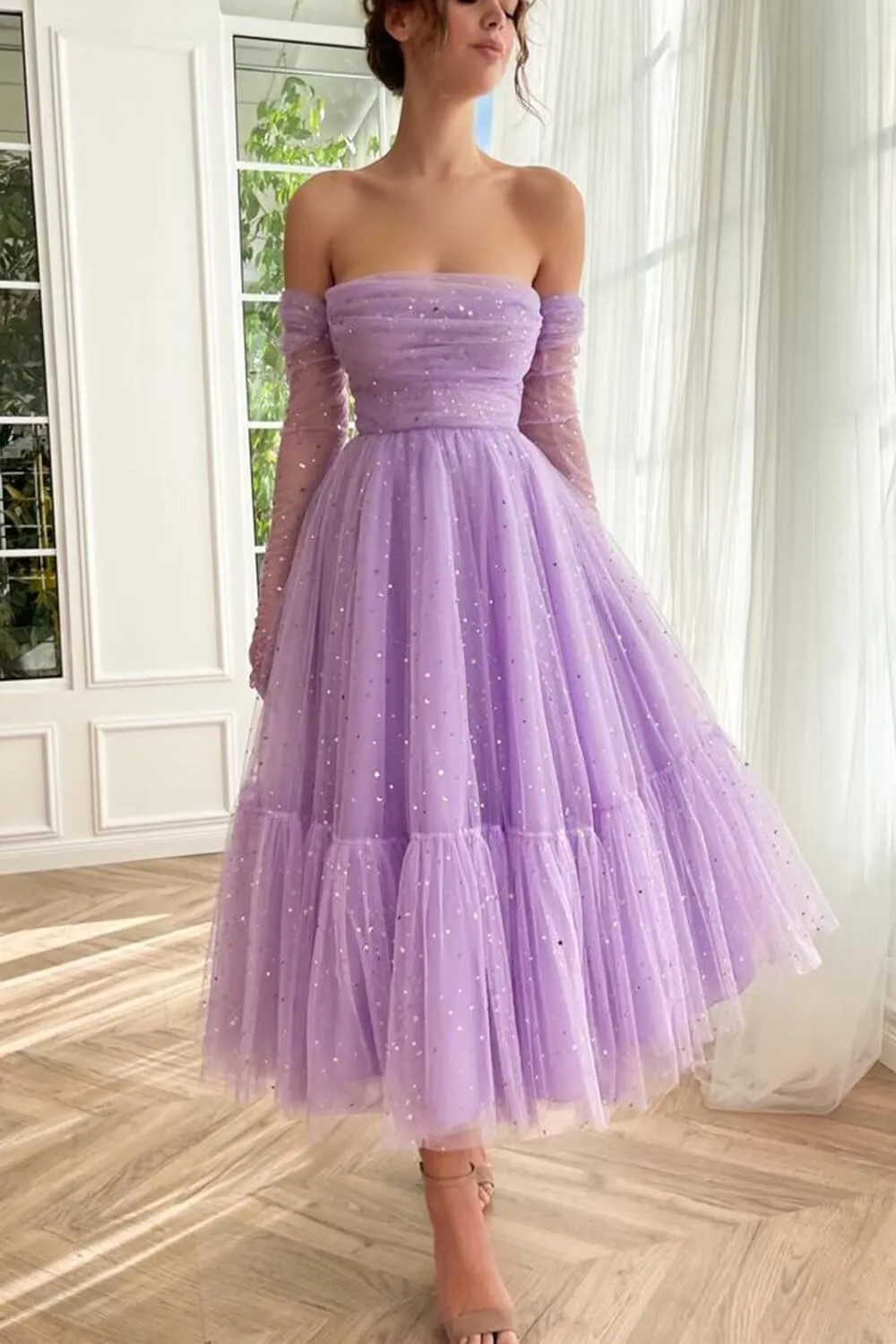 Maxianever Sparkly Starry Tulle Prom Dresses with Gloves Womens Tea Length Formal Evening Gowns for Teens