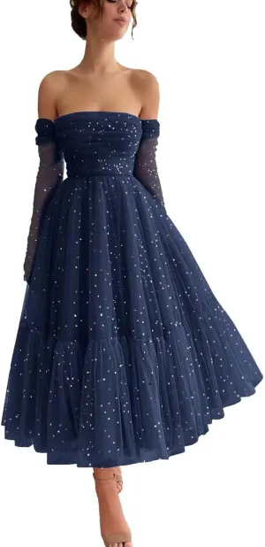 Maxianever Sparkly Starry Tulle Prom Dresses with Gloves Womens Tea Length Formal Evening Gowns for Teens