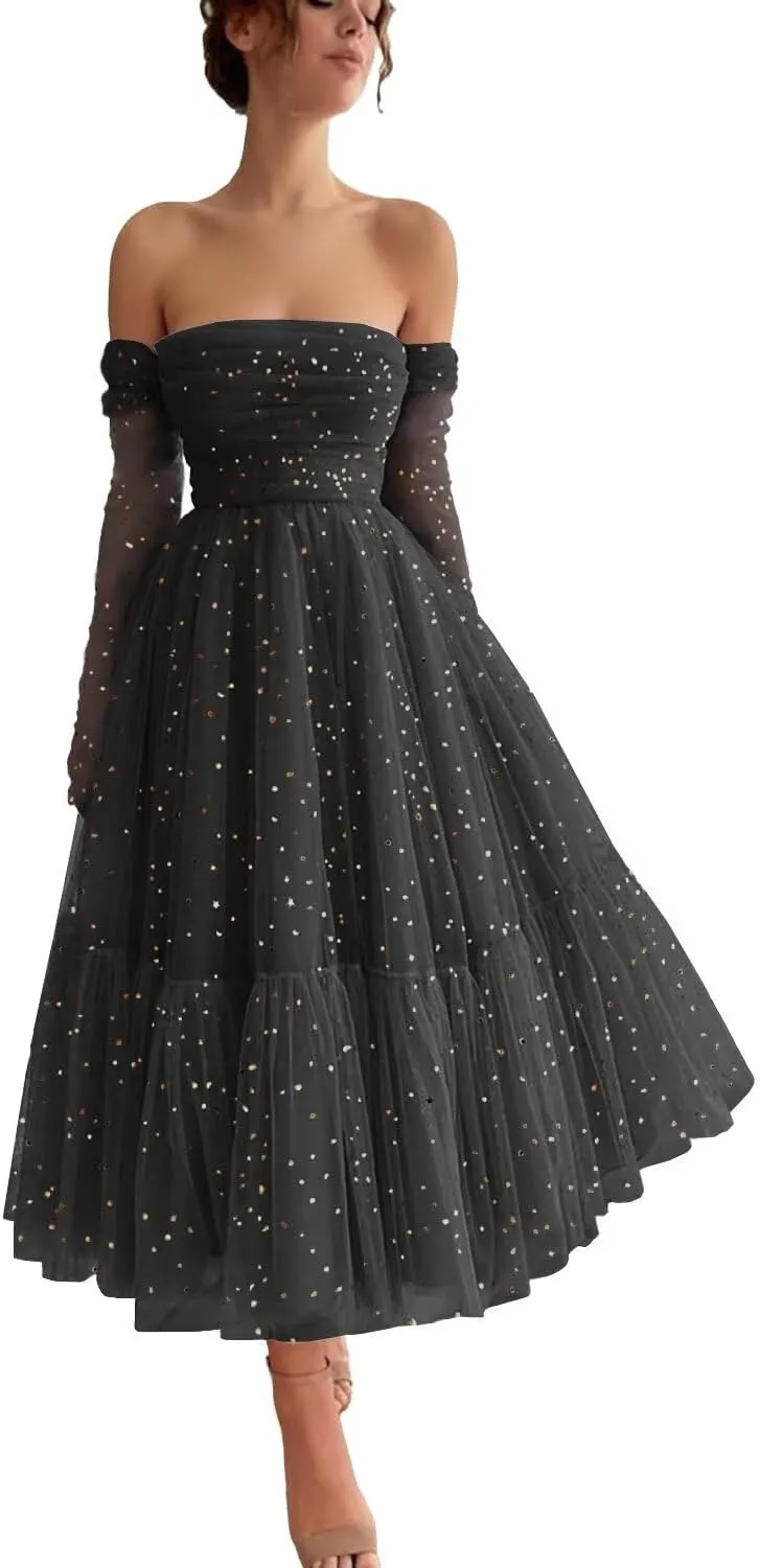 Maxianever Sparkly Starry Tulle Prom Dresses with Gloves Womens Tea Length Formal Evening Gowns for Teens