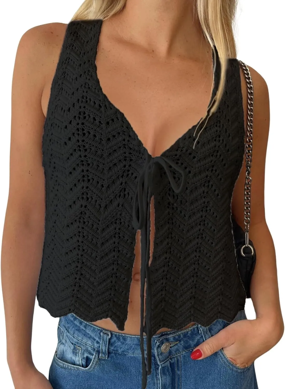 Meihuida Women Crochet Top Tie Front Tank Summer Vacation Outfits Beach Cover Up