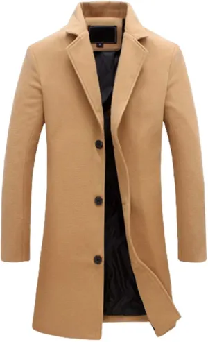 Mens Big and Tall Wool Blend Pea Coats Notched Collar Single Breasted Overcoat Winter Warm Trench Coat Long Jackets