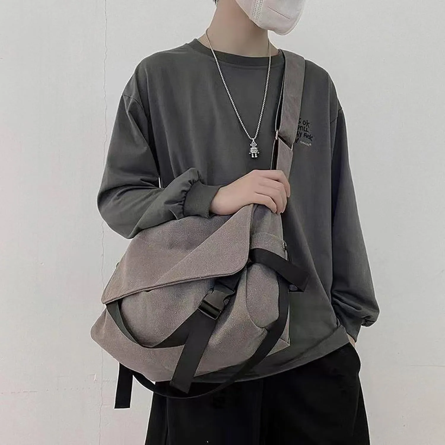 Men's canvas bag, men's and women's Japanese casual crossbody bag, men's large capacity canvas messenger bag
