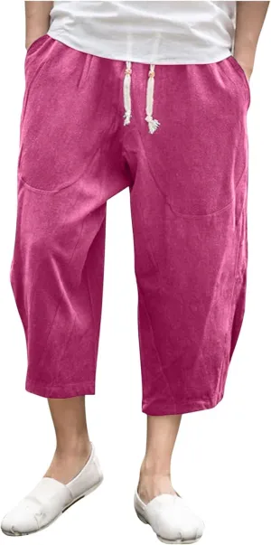 Mens Casual Linen Pants Below Knee Relaxed Fit Wide Leg Baggy Trousers Elastic Waistband Capri Comfy Gym Pants