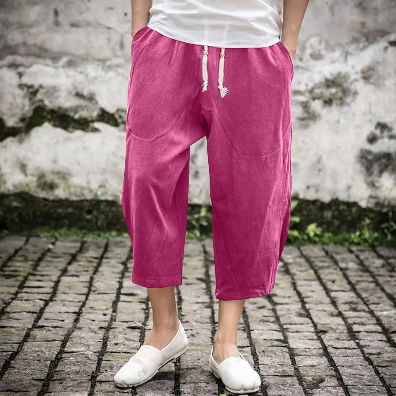 Mens Casual Linen Pants Below Knee Relaxed Fit Wide Leg Baggy Trousers Elastic Waistband Capri Comfy Gym Pants