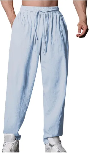 Mens Casual Linen Pants Loose Fit Drawstring Beach Pants with Pockets Lightweight Summer Clothes for Vacation