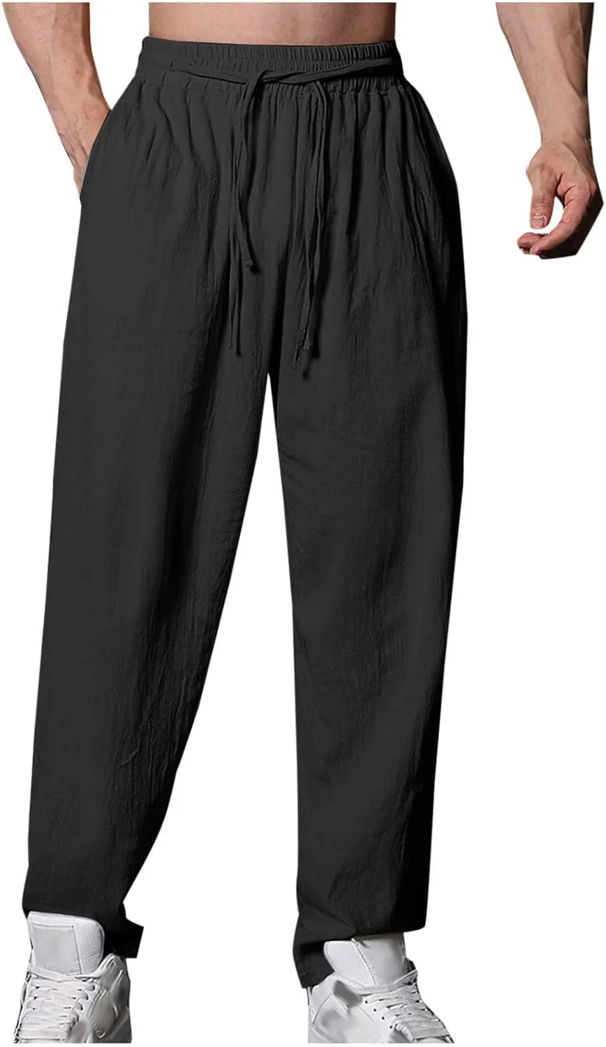 Mens Casual Linen Pants Loose Fit Drawstring Beach Pants with Pockets Lightweight Summer Clothes for Vacation