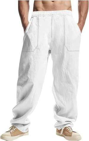 Men's Drawstring Linen Pants Casual Beach Loose Wide Leg Trousers Lightweight Comfort Fit Summer Clothes Fashion