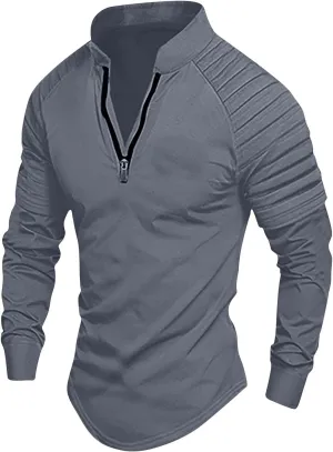 Men's Outdoor Shirts Stand Collar Long Sleeve Zip Shirts Muscle Fit Quick-Dry Stretch Tops Casual Sports Gym T-Shirt