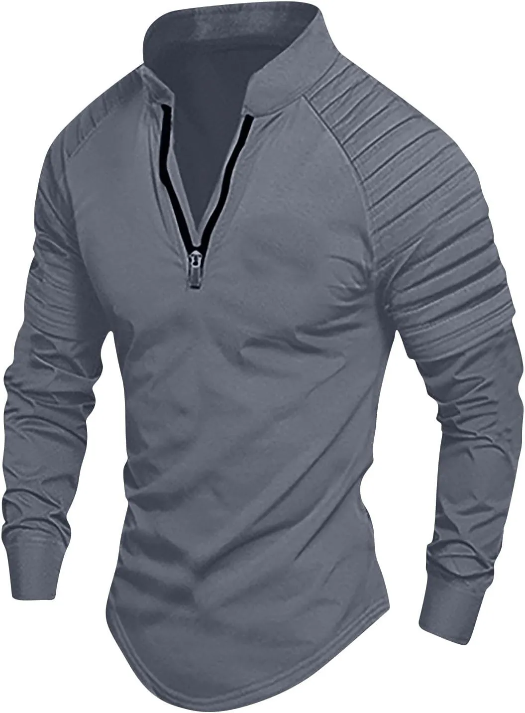 Men's Outdoor Shirts Stand Collar Long Sleeve Zip Shirts Muscle Fit Quick-Dry Stretch Tops Casual Sports Gym T-Shirt
