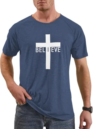 Men's Short Sleeve Crewneck Graphic Tee Believe Cross Print Christian Shirts Workout Shirts