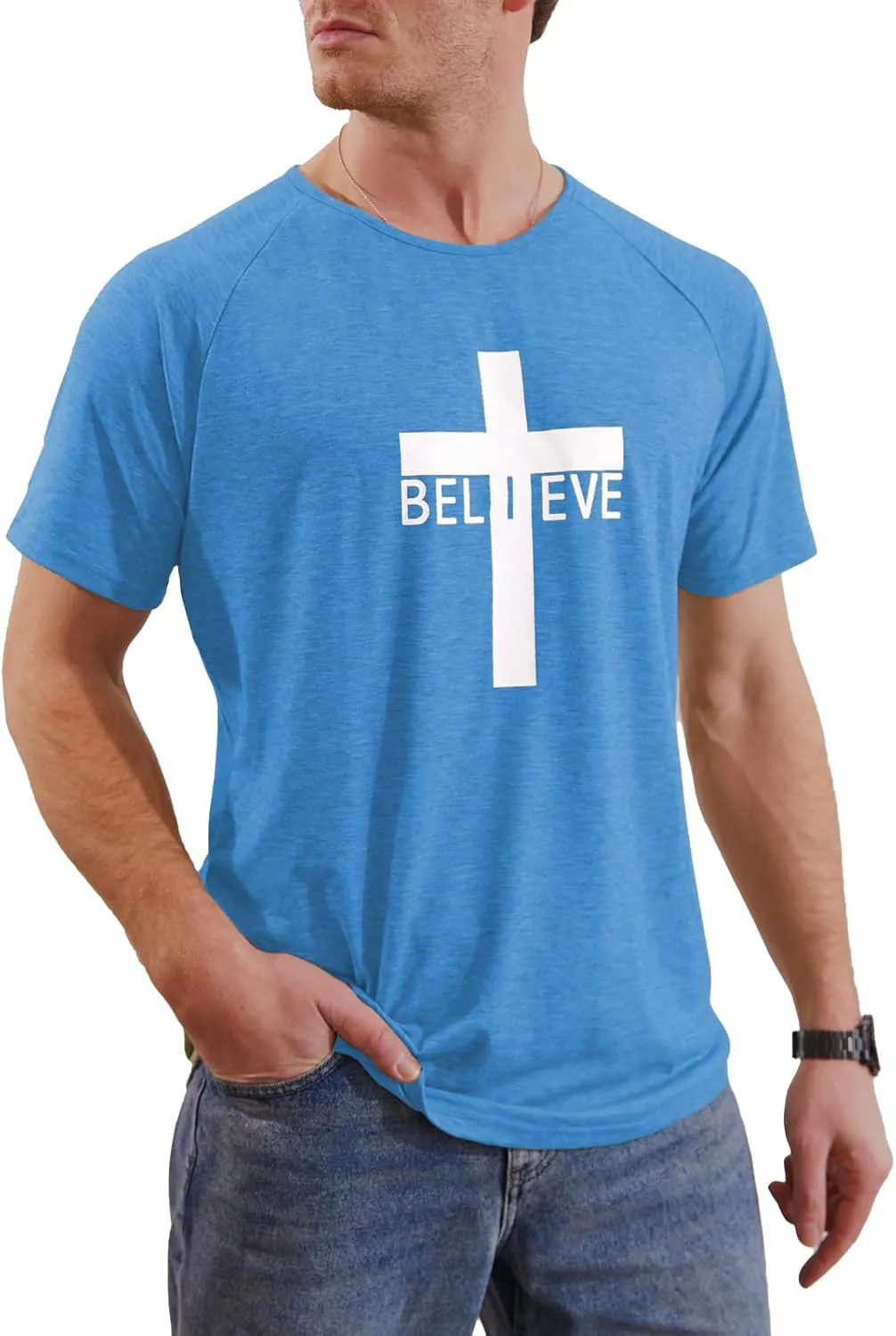 Men's Short Sleeve Crewneck Graphic Tee Believe Cross Print Christian Shirts Workout Shirts