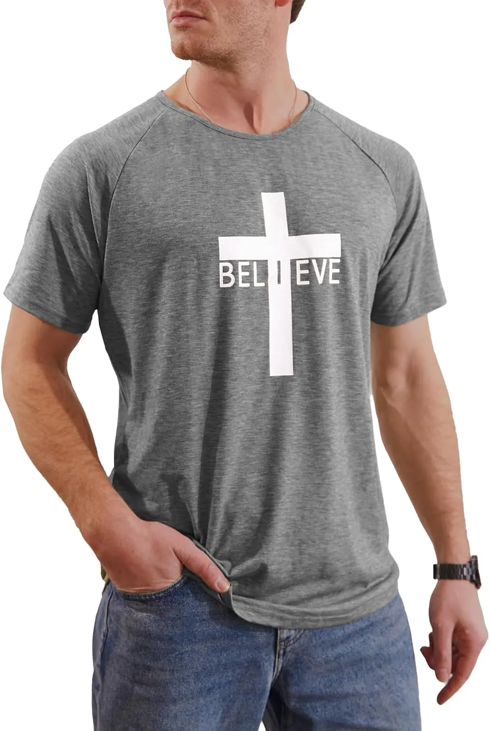 Men's Short Sleeve Crewneck Graphic Tee Believe Cross Print Christian Shirts Workout Shirts