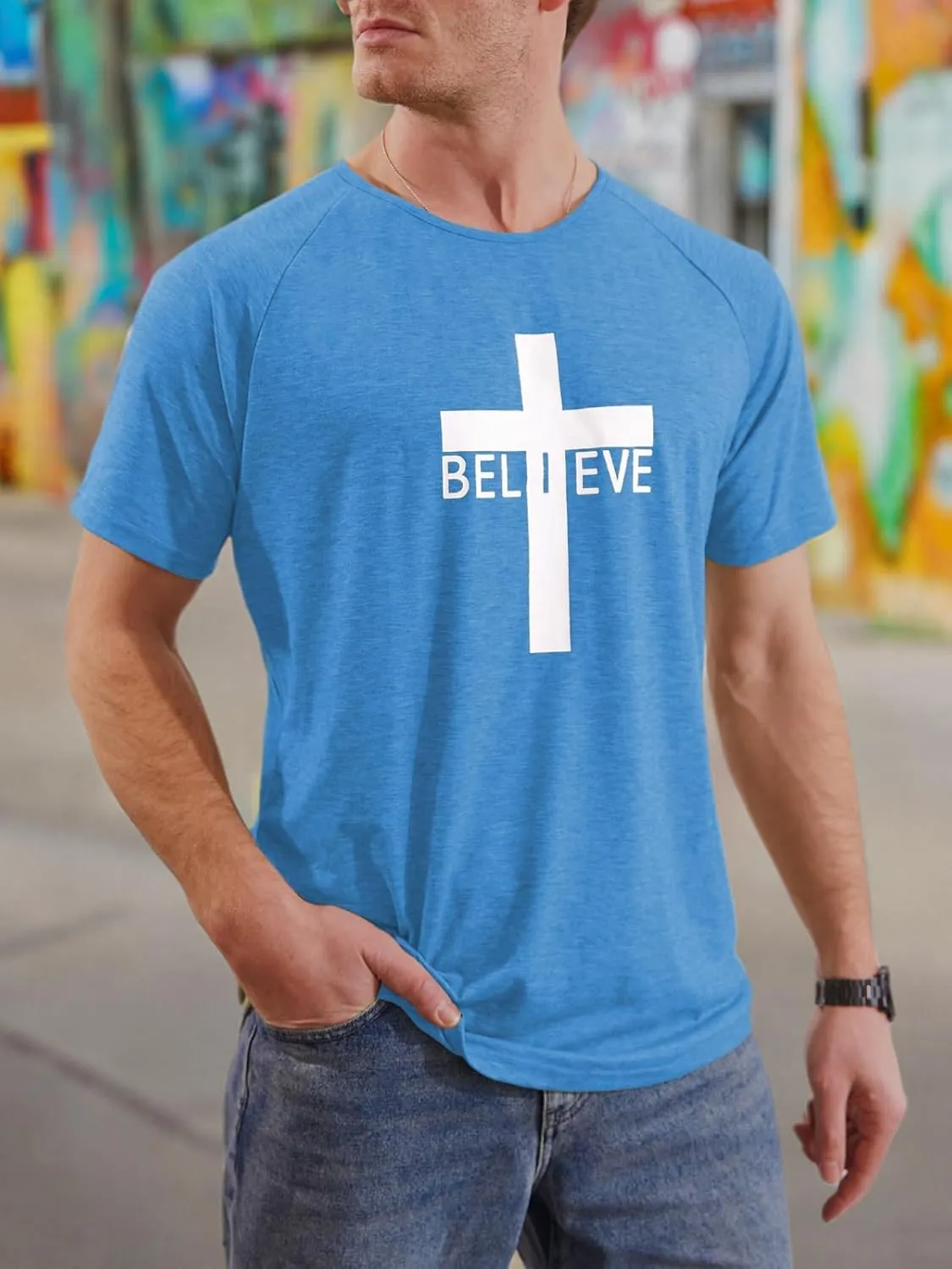 Men's Short Sleeve Crewneck Graphic Tee Believe Cross Print Christian Shirts Workout Shirts
