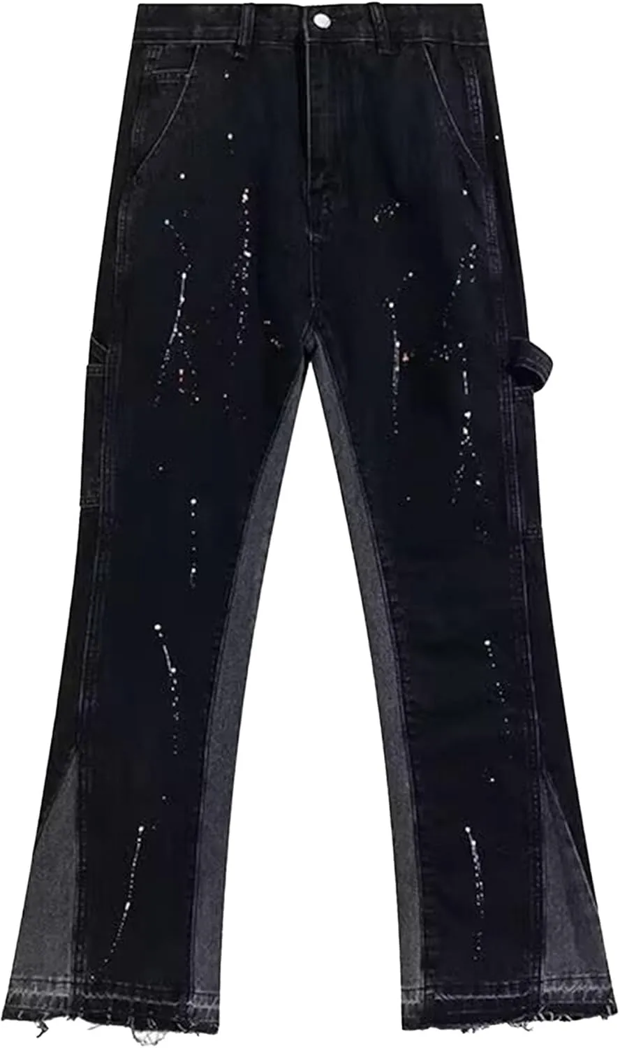 Men's Stacked Jean Flare Patch Ripped Stretch Rock Jean Distressed Destroyed Slim Fit Straight Leg Denim Pants