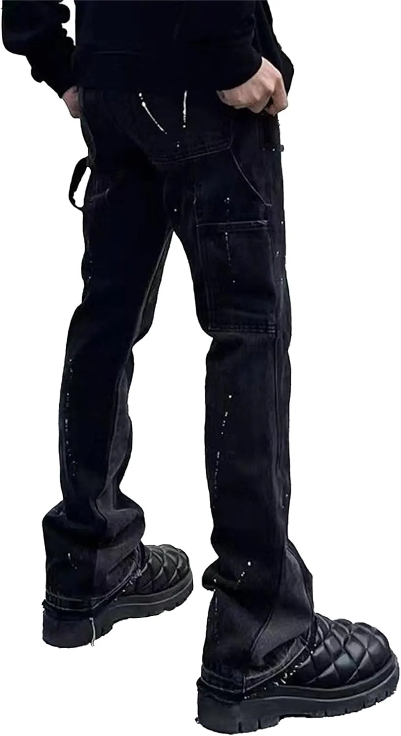 Men's Stacked Jean Flare Patch Ripped Stretch Rock Jean Distressed Destroyed Slim Fit Straight Leg Denim Pants