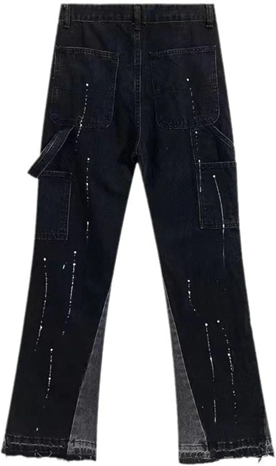 Men's Stacked Jean Flare Patch Ripped Stretch Rock Jean Distressed Destroyed Slim Fit Straight Leg Denim Pants