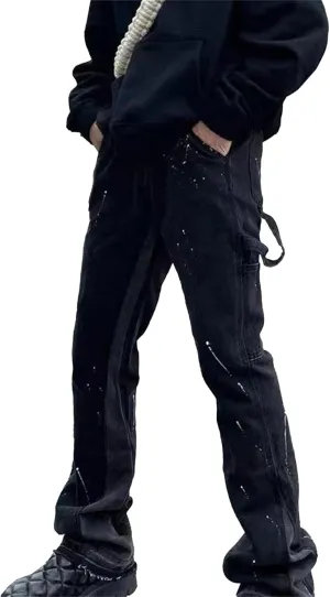 Men's Stacked Jean Flare Patch Ripped Stretch Rock Jean Distressed Destroyed Slim Fit Straight Leg Denim Pants