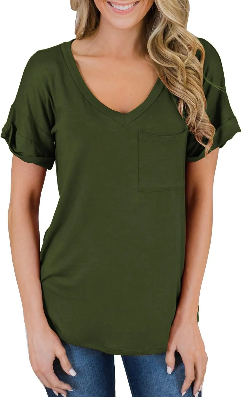 MIHOLL Women's Short Sleeve V-Neck Shirts Loose Casual Tee T-Shirt